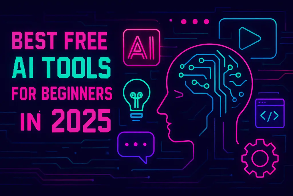 image with some AI symbols and artificial brain with the message Best AI Tools for beginners in 2025