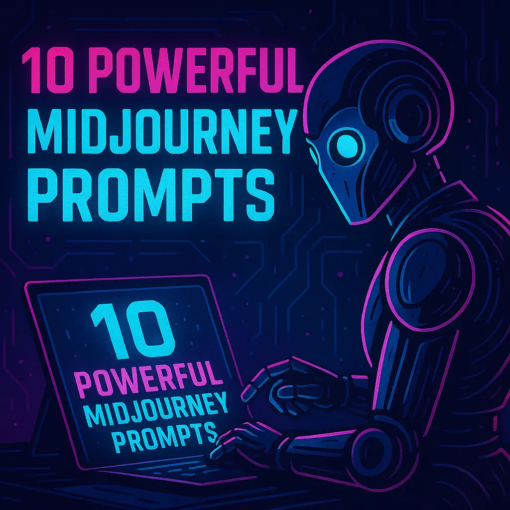 10 prompts for midjourney. An image of a robot checking prompts on computer