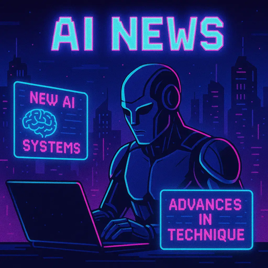 Ai News . A robot writing in front of a computer with colors in pink and blue neon light