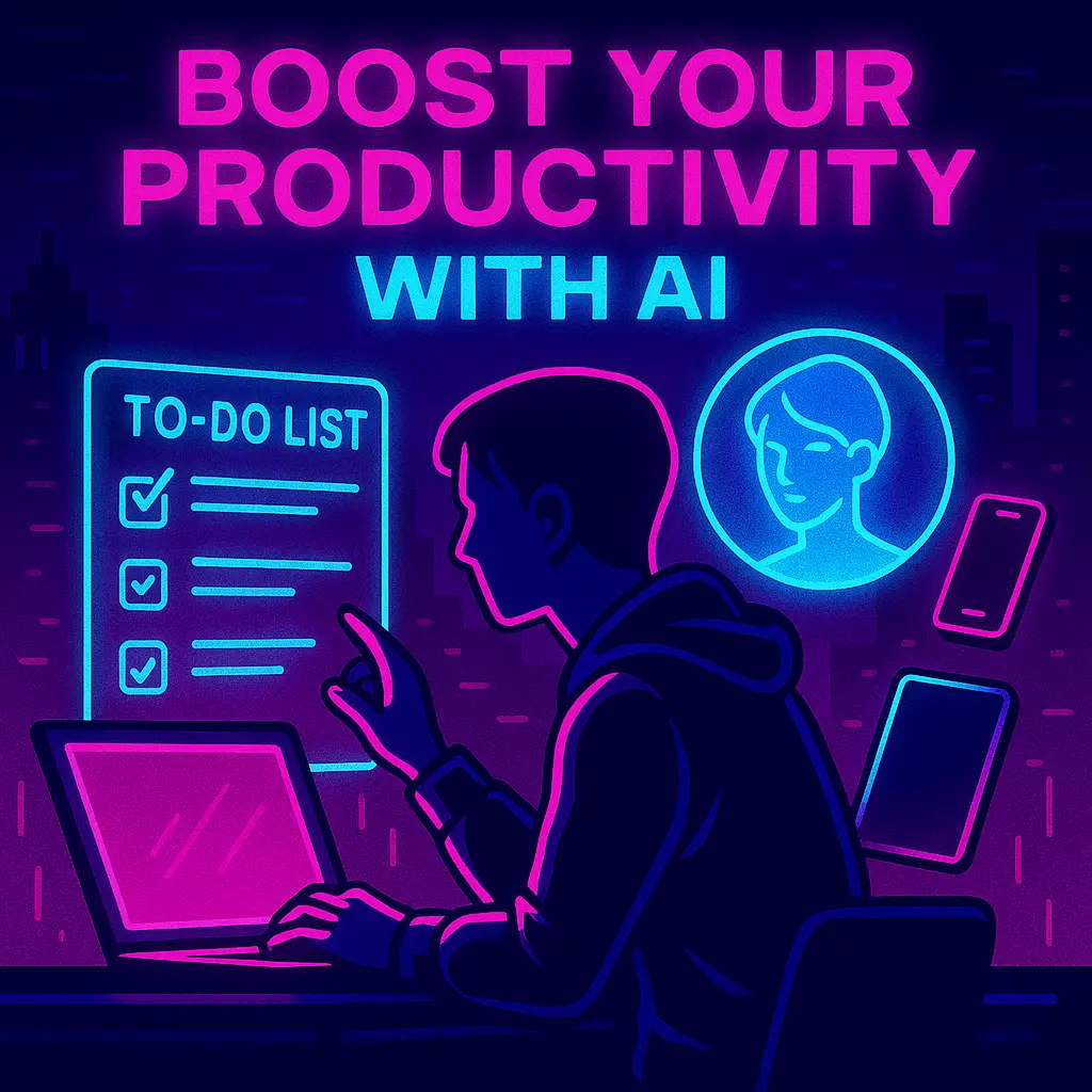the silouette of a boy learning tips of AI on a screen with the text Boost your productivity with AI
