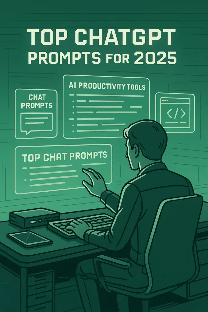 A person working in a desk with computer and green screen with the title prompts for 2025