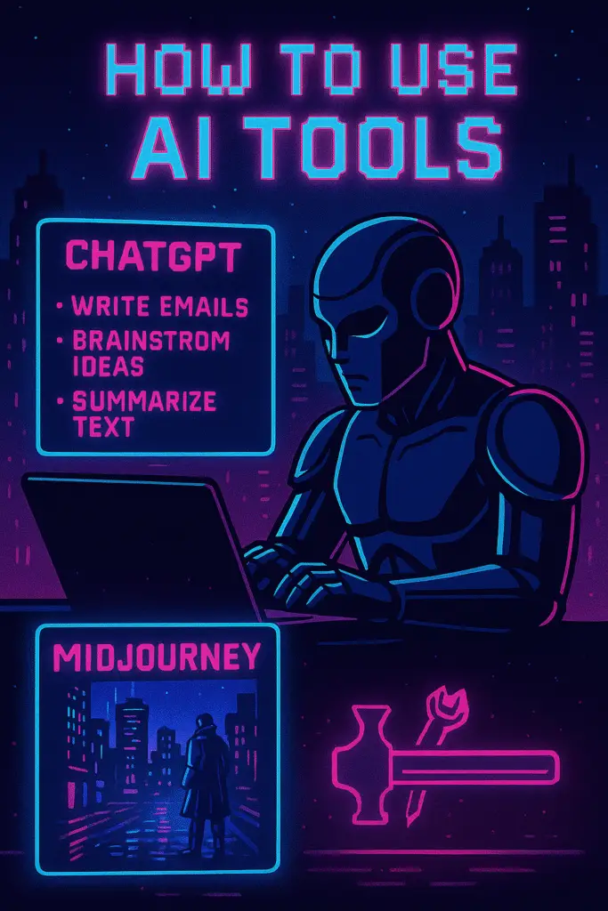 A robot writing in front of a computer with colors in pink and blue neon light with campaings about learning chatgpt and midjourney