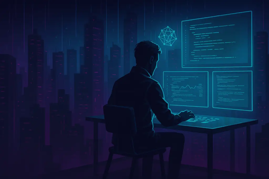 A person working in a desk with computers and with city buildings on the bakcgrouds