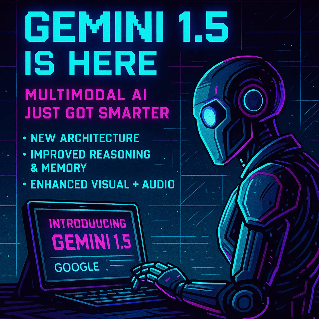 gemini 1.5 is here. An image of a robot checking news on computer