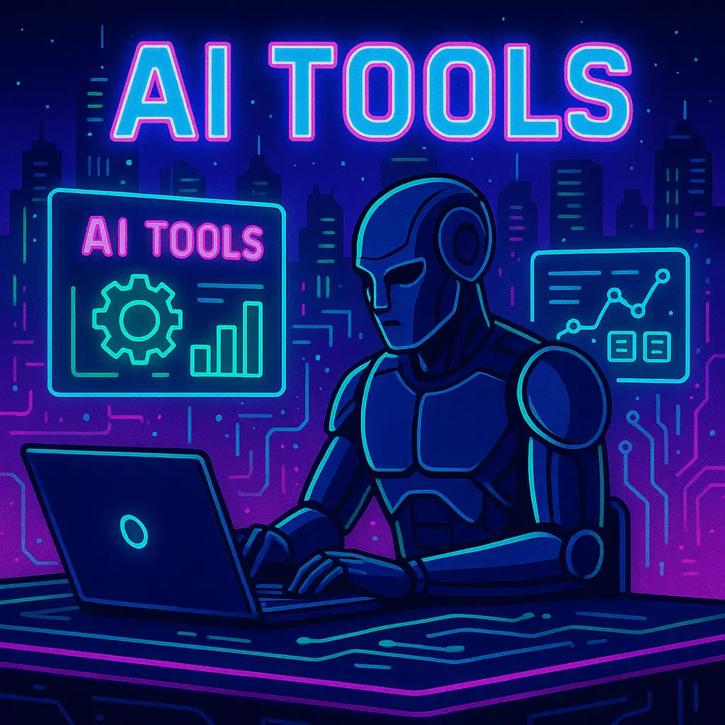 Ai TOOLS . A robot writing in front of a computer with colors in pink and blue neon light