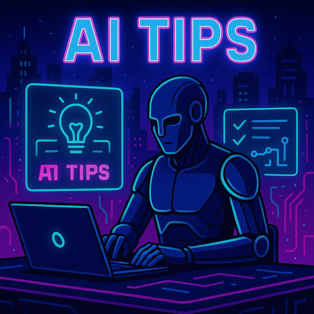 Ai Tips . A robot writing in front of a computer with colors in pink and blue neon light