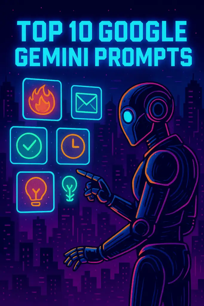 10 prompts for gemini. An image of a robot checking prompts on computer