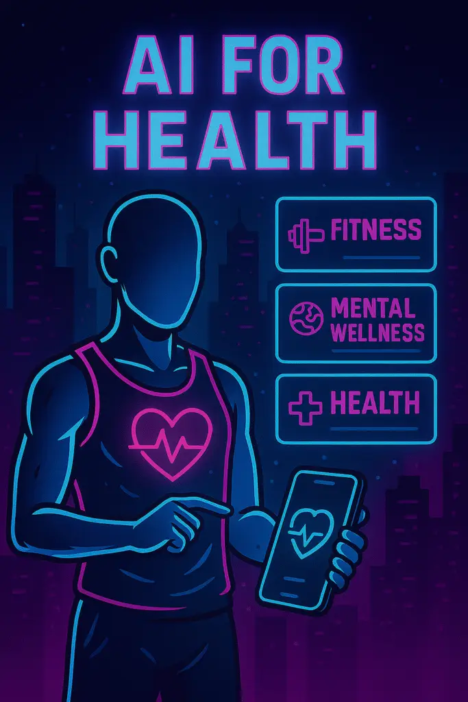 a human shaped drawing with healthy body showing the words AI for health, fitness, mental wellness and health