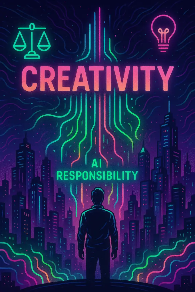 A person represented from his back, receiving a flooding of colourful lines representing creativity and a text thtat says Creativity AI responsibility