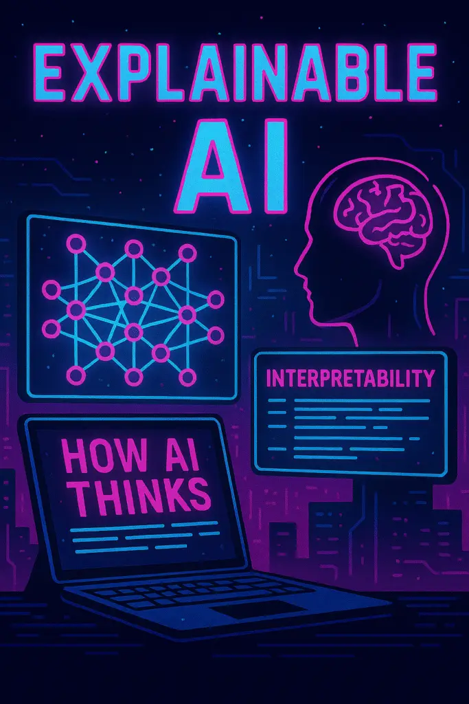 the drawing of a brain with screens saying How AI Thinks in electrical colors