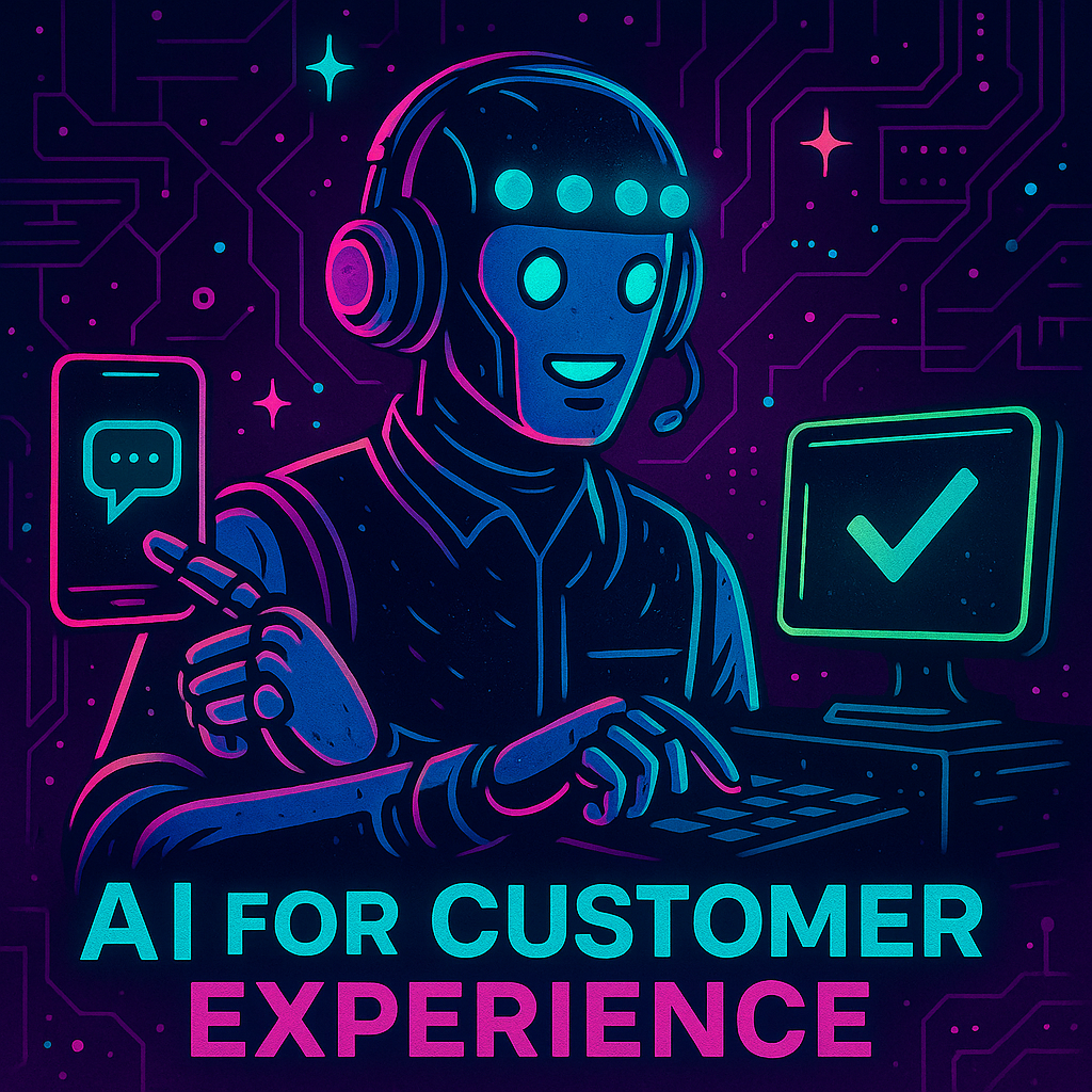 a robot checking screens and message with words AI for costumer experience