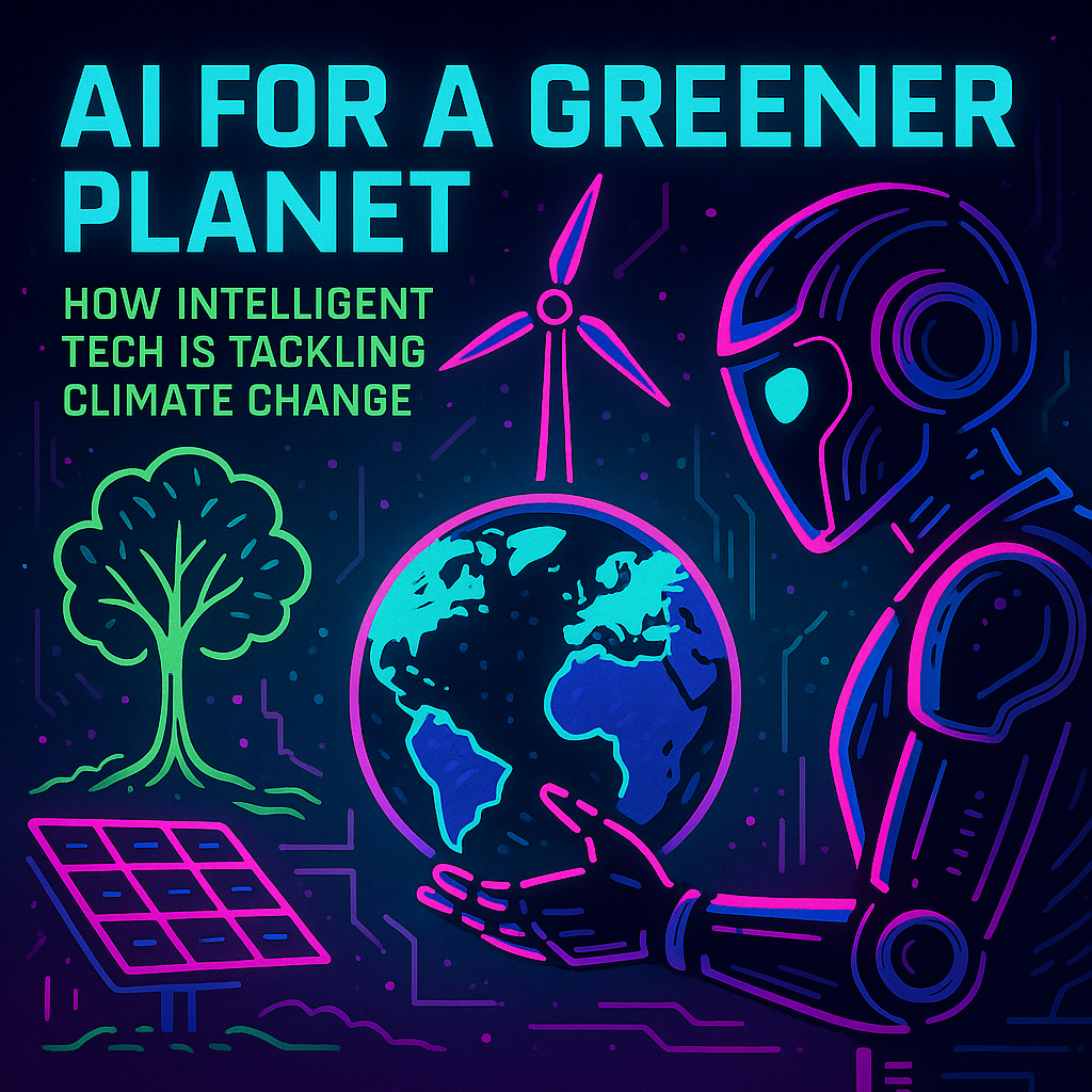 Ai for greener planet, a robot holding the planet in his hands