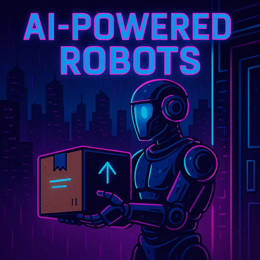 a robot holding a parcel with the words Ai-powered robots