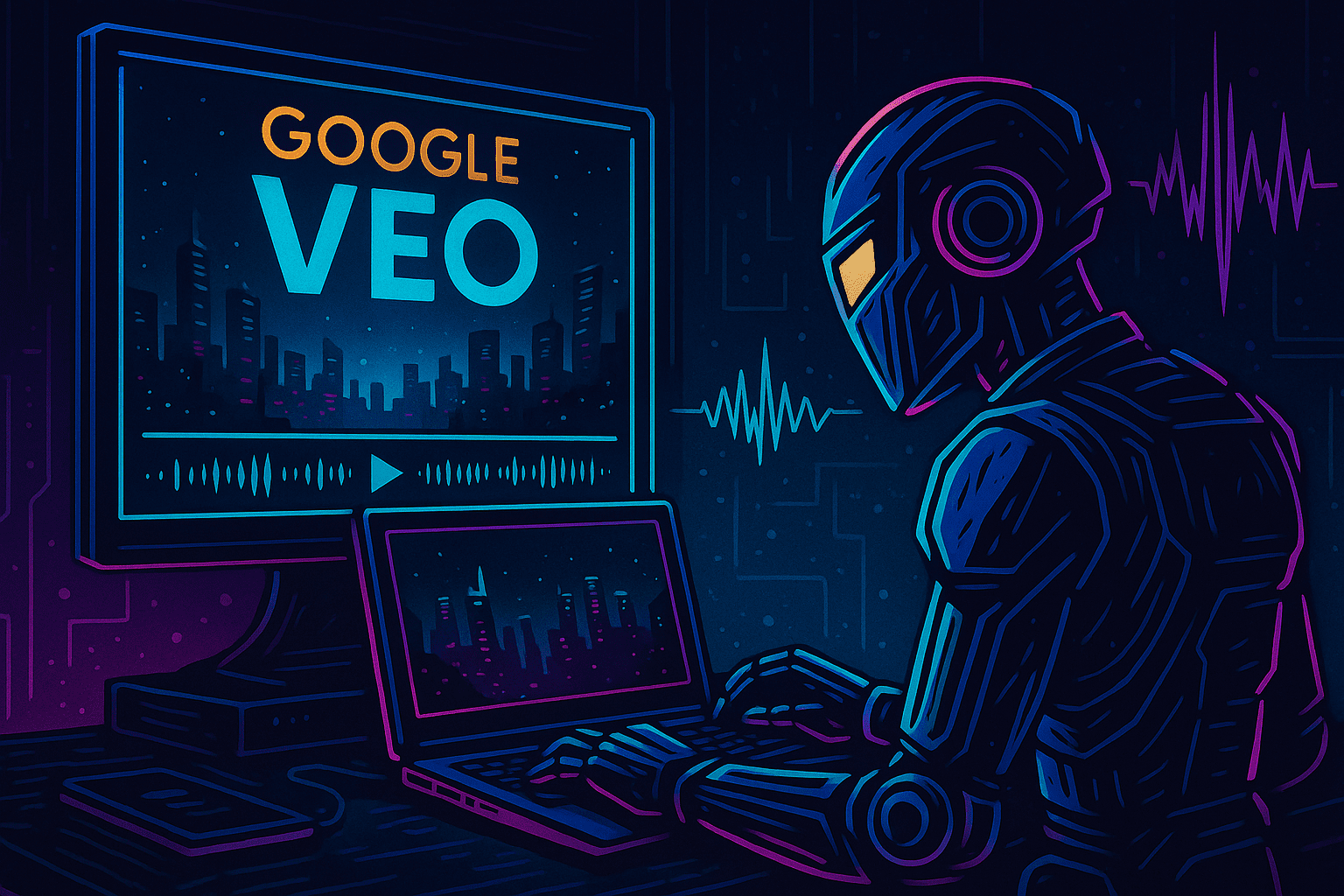 a robot watching a computer screen with the words google Veo