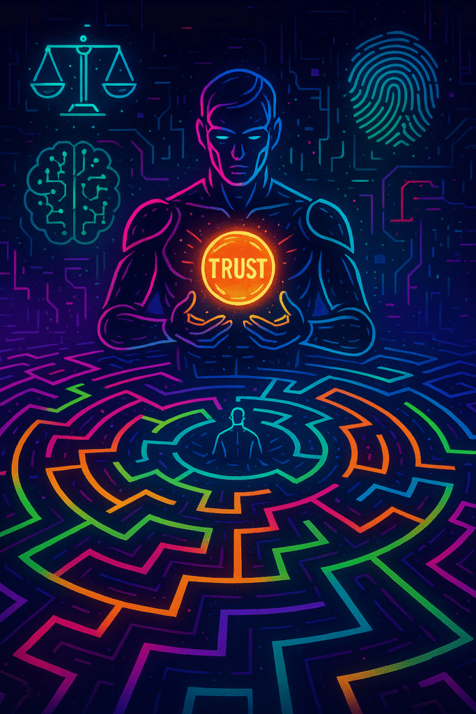 an humanoid holding a light ball with the word Trust while looking down a human in the middle of a maze