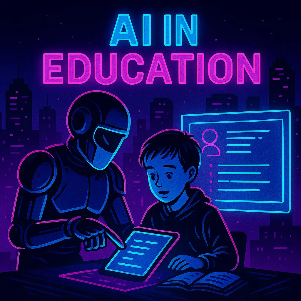 a robot teaching a child in fornt of a screen, with pink and bliue electric colors. It ahs the title Ai In education
