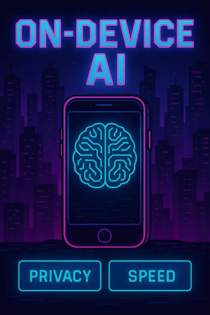 a brain drew in a mobile phone screen and the words on-device AI , privacy, speed