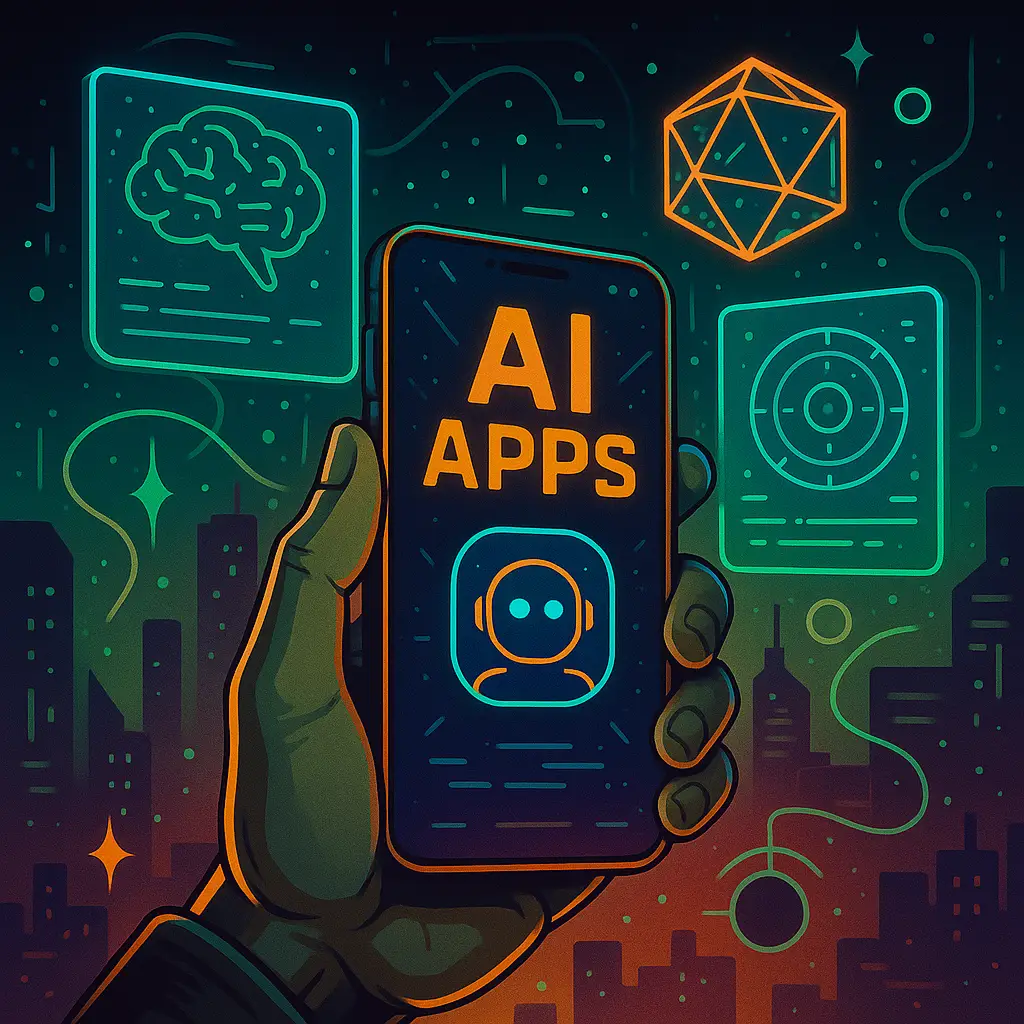 A hand holding an smart phone with the letters AI APPS on it, in electric shining colors like green and orange
